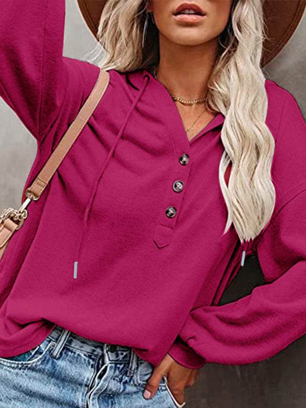 Women's cardigan hoodie in solid color with a casual loose fit, V-neck, and lantern sleeves.