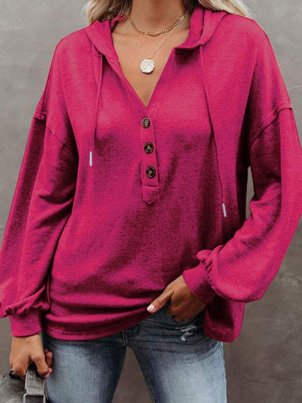 Women's cardigan hoodie, casual loose solid color sweatshirt, half button placket, drop shoulder lantern sleeves.