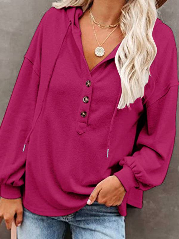 Women's casual loose cardigan hoodie, solid color sweatshirt with V-neck and button placket.