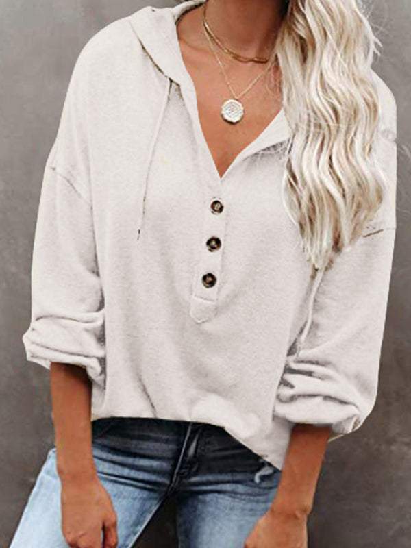 Women's cardigan hoodie with buttons, casual loose fit, solid color sweatshirt.