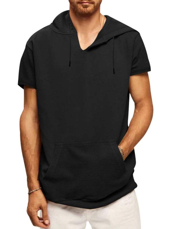 Men's black knitted casual hooded short-sleeved T-shirt with welt pocket.