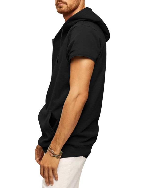 Men's black knitted hooded short-sleeve T-shirt, casual fit.