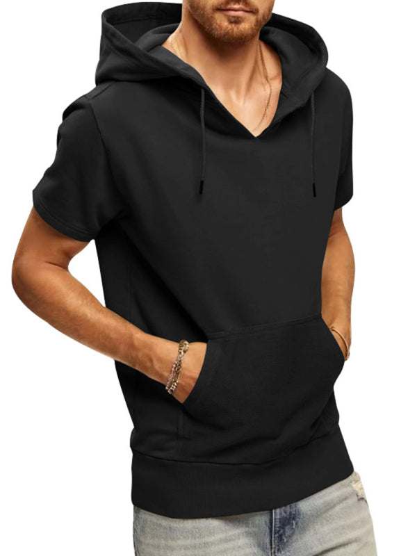 Men's casual hooded short-sleeved T-shirt, black, made of cotton and polyester blend with slight elasticity, ideal for spring-summer.