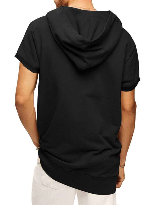 Men's black knitted hooded short-sleeved T-shirt, casual style.