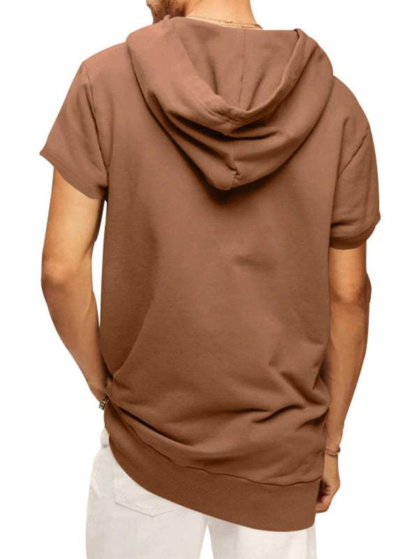 Men's knitted casual hooded short-sleeved T-shirt, brown, back view.