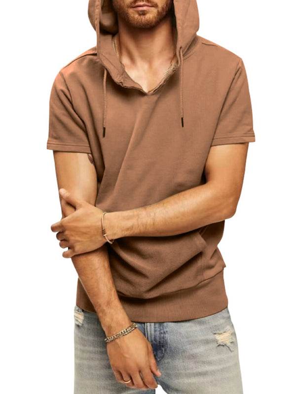 Men's casual hooded short-sleeved knitted T-shirt in brown.