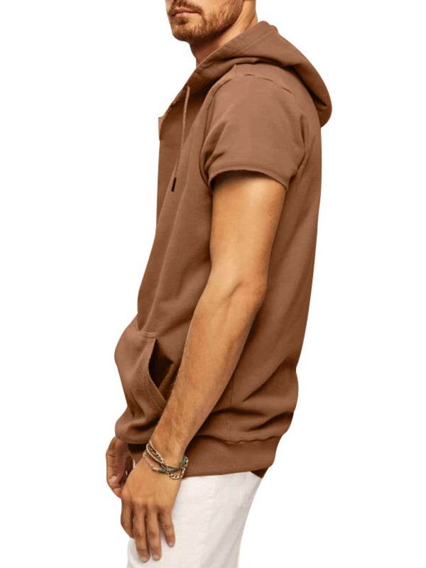 Men's knitted casual hooded short-sleeved T-shirt in brown.