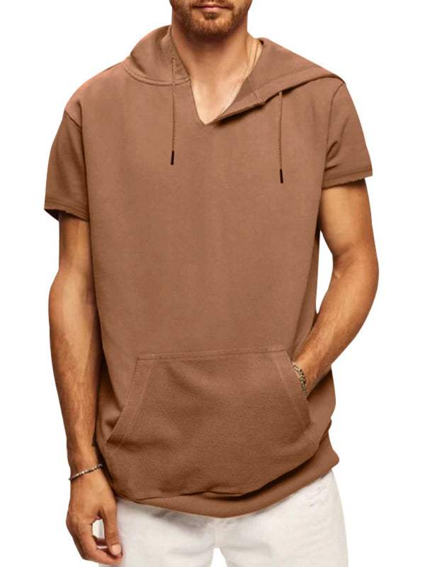Men's knitted casual hooded short-sleeved T-shirt in brown, featuring a loose fit and a kangaroo pocket.