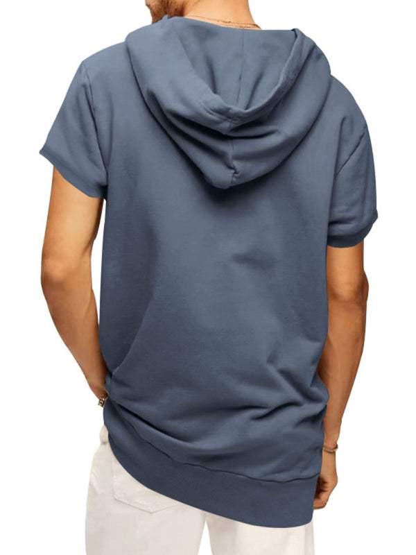 Men's knitted casual hooded short-sleeved T-shirt in blue, back view.