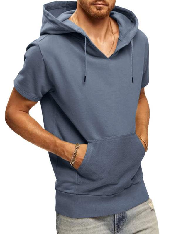 Men's knitted hooded short-sleeve T-shirt in blue, casual and versatile design.