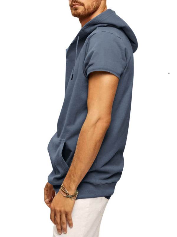 Men's blue knitted hooded short-sleeved T-shirt, casual and versatile design.