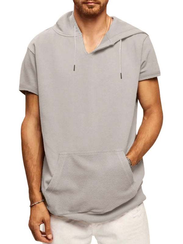Men's knitted casual hooded short-sleeved T-shirt in light gray, featuring a self-design pattern and welt pocket.