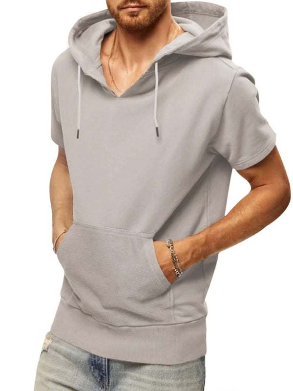 Men's knitted casual short-sleeve hooded T-shirt with welt pockets, made of cotton and polyester, in light color.