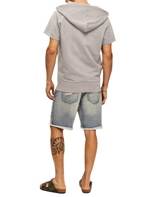 Men's casual hooded short-sleeved knitted T-shirt, versatile and comfortable for spring and summer.