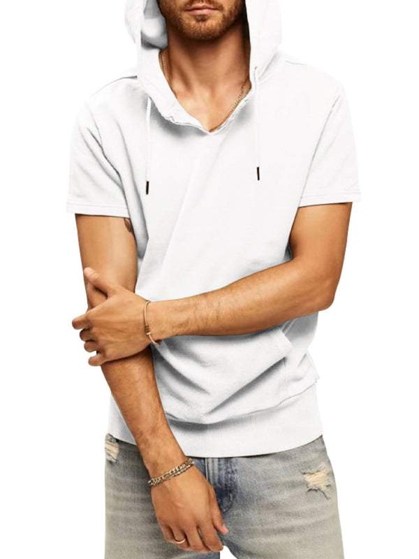 Men's knitted casual hooded short-sleeved T-shirt in white, ideal for spring-summer, versatile and stylish.