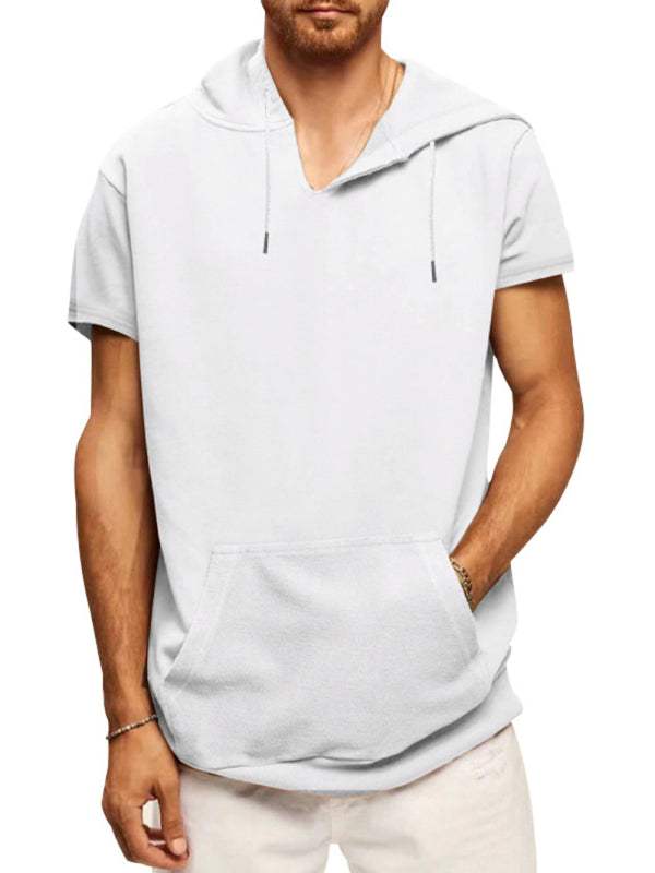 Men's knitted casual hooded short-sleeved T-shirt in light grey, versatile for spring and summer.
