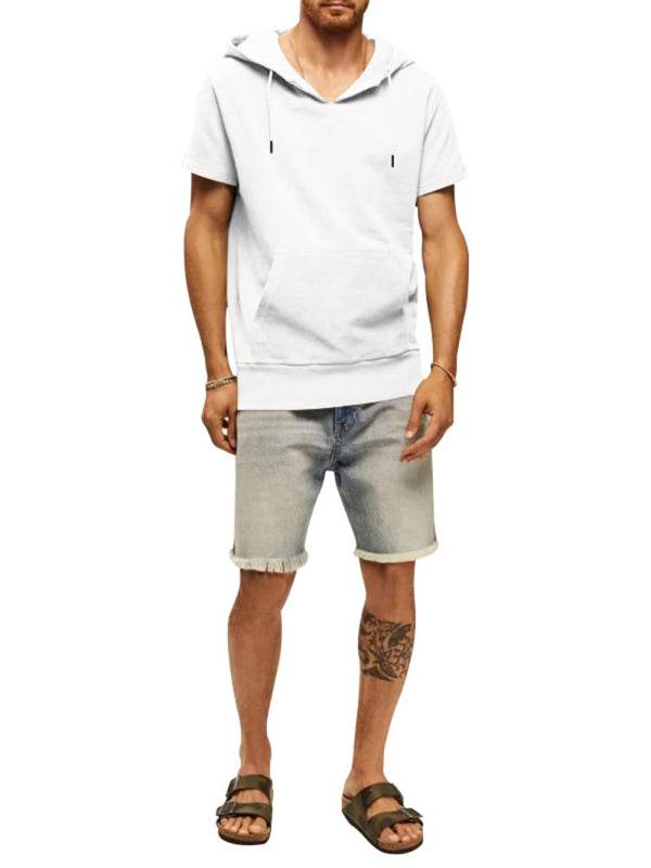 Men's knitted casual hooded short-sleeved T-shirt, spring-summer knit style.