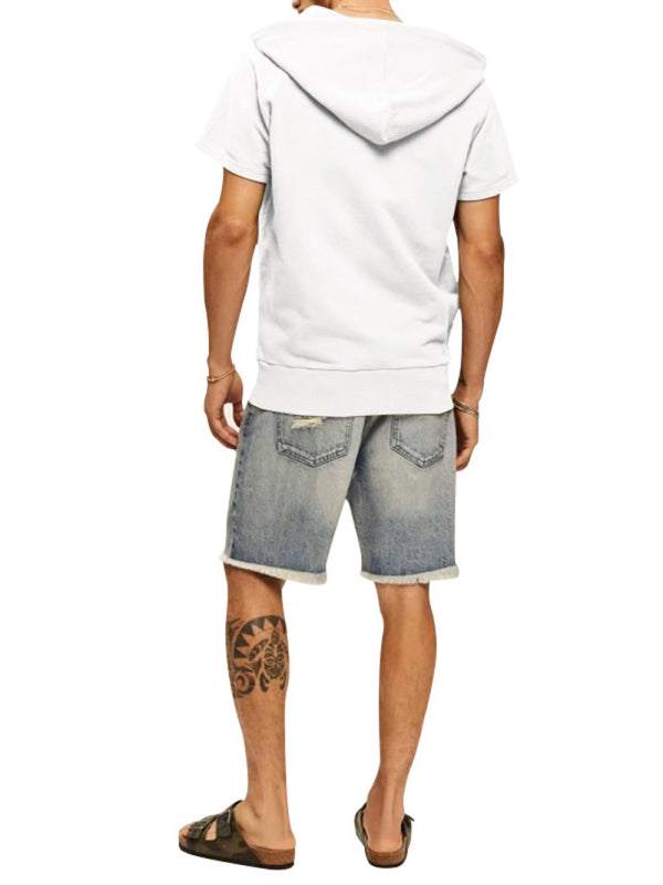 Men's casual hooded short-sleeved T-shirt with knit design, back view, paired with denim shorts.