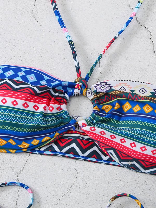 New style halterneck lace-up adjustable briefs printed multi-color split bikini - Securing Secrets Boutique LLC