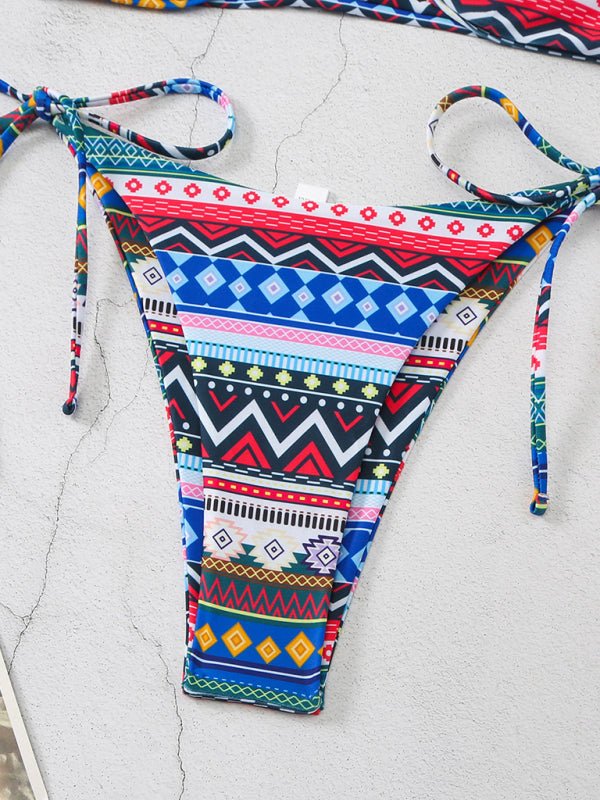 New style halterneck lace-up adjustable briefs printed multi-color split bikini - Securing Secrets Boutique LLC