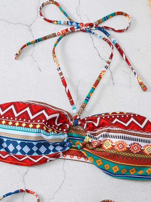 New style halterneck lace-up adjustable briefs printed multi-color split bikini - Securing Secrets Boutique LLC