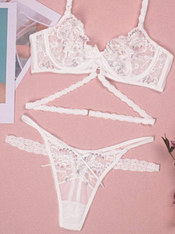 Sexy flower embroidered lingerie set with lace thong and underwire bra.