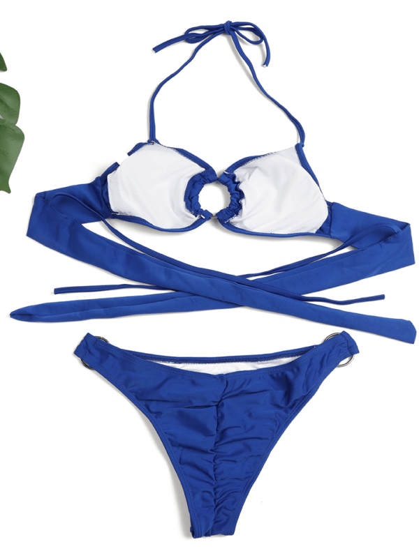 Women's Sexy Ring Two-Piece Swimsuit Solid Color Gathered Bikini - Securing Secrets Boutique LLC