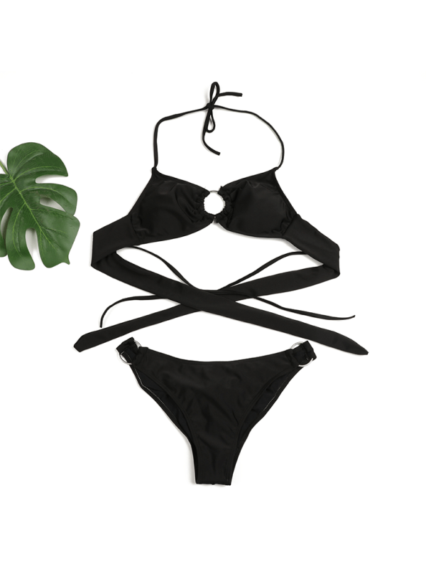 Women's Sexy Ring Two-Piece Swimsuit Solid Color Gathered Bikini - Securing Secrets Boutique LLC