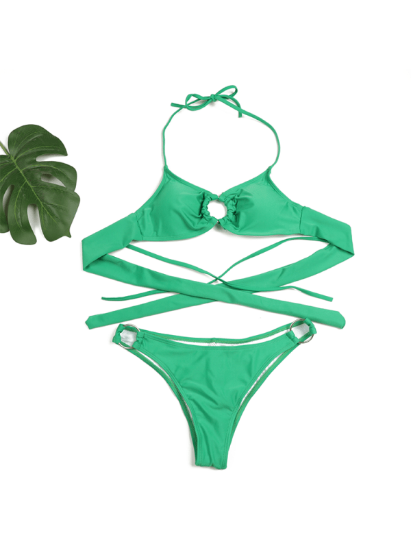 Women's Sexy Ring Two-Piece Swimsuit Solid Color Gathered Bikini - Securing Secrets Boutique LLC