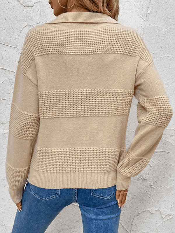 Women's lapel solid color long sleeve sweater in beige, back view.