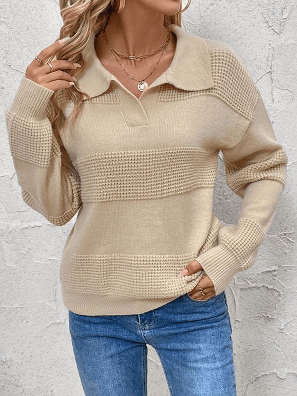 Women's lapel solid color long sleeve knit sweater in beige, autumn-winter style.