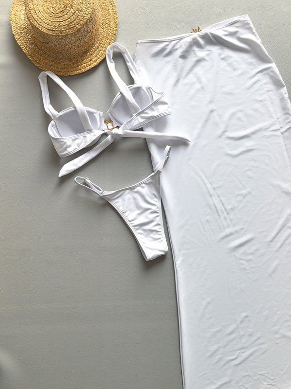 Solid color sun accessories bikini three piece set