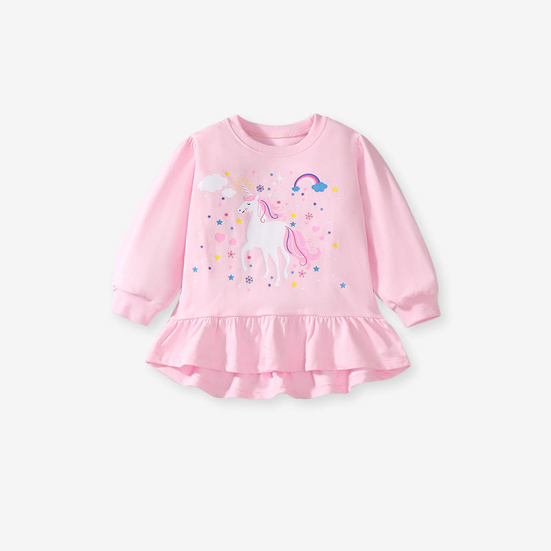 Spring And Autumn Girls Cute Cartoon Unicorn Pattern Long Sleeves Top Dress And Grey Pants Clothing Set-2