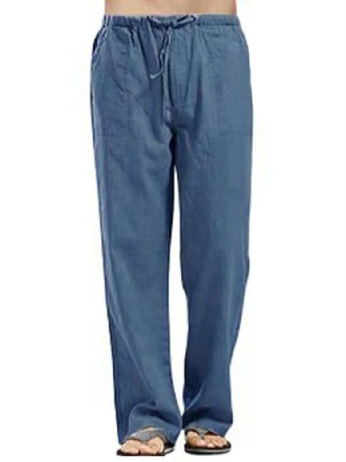 Men's full size drawstring straight leg pants, blue, plus size.