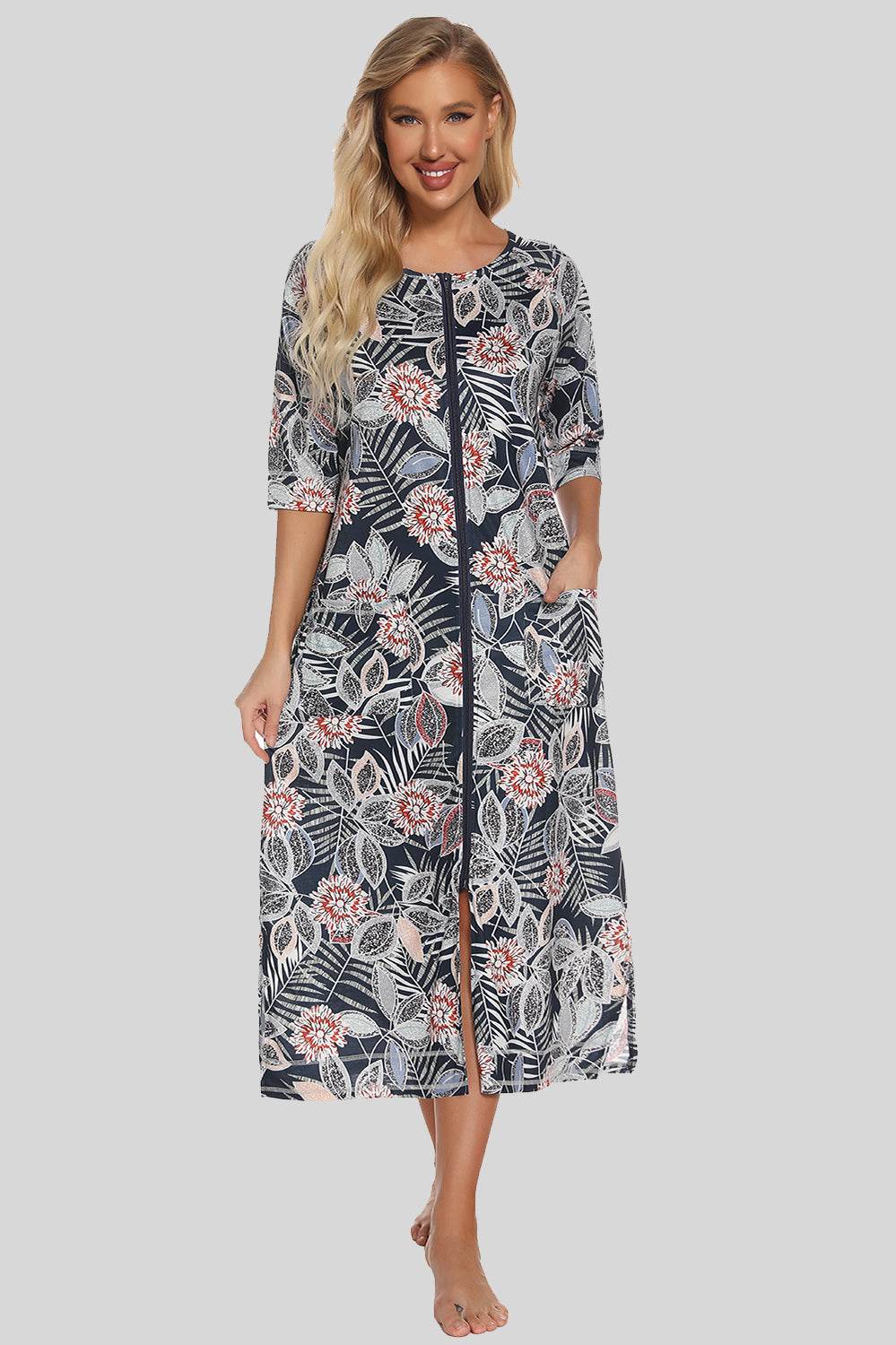 Printed slit night dress with pockets and floral design, made of cotton blend.