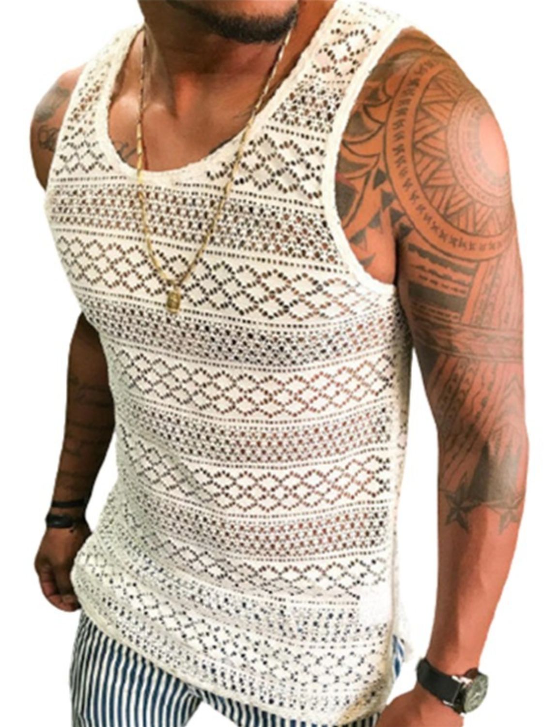 Men's Full Size Openwork Round Neck Tank Plus Size - Securing Secrets Boutique LLC