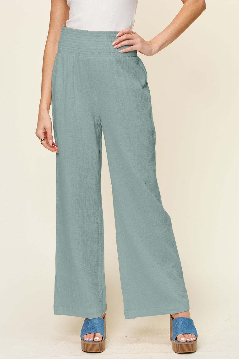 Double Take full-size texture smocked waist wide-leg pants in cotton.