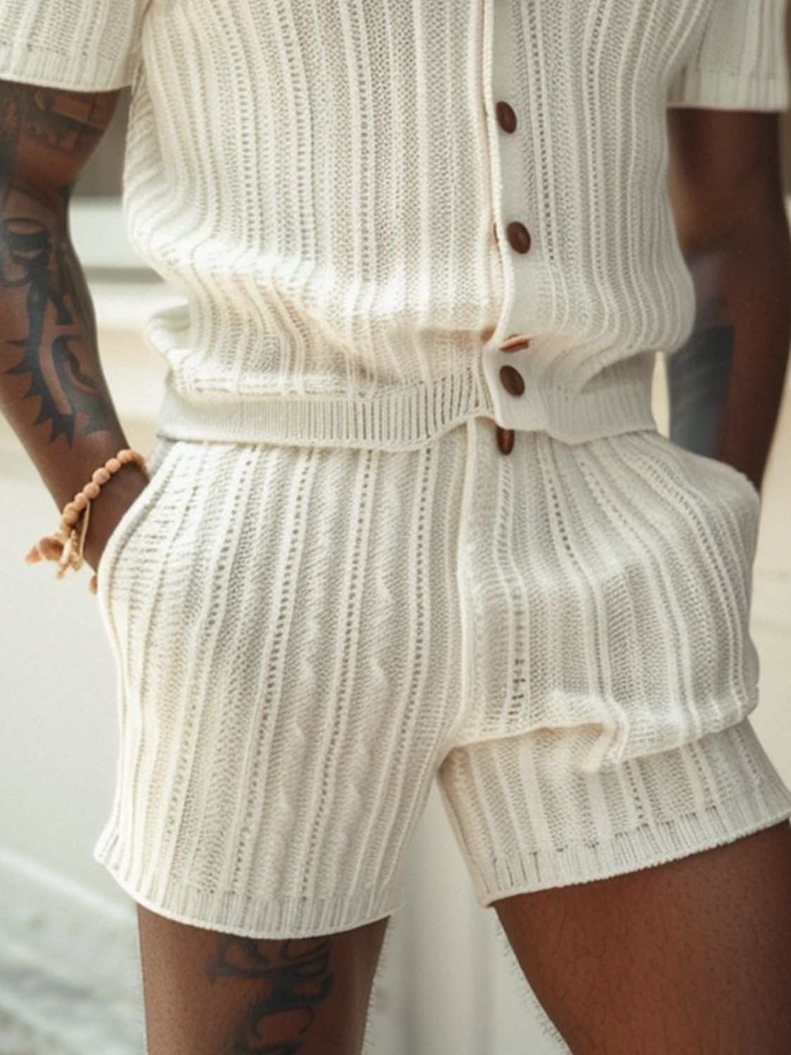 Men's plus size button down short sleeve top and shorts set, basic style with pockets.