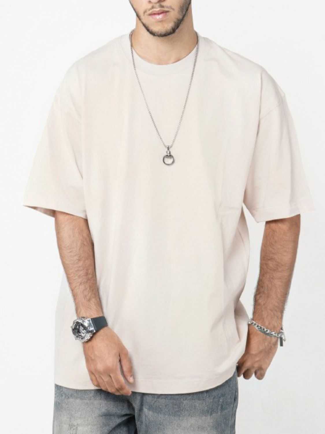 Men's round neck short sleeve T-shirt, basic style, 95% cotton, 5% polyester.
