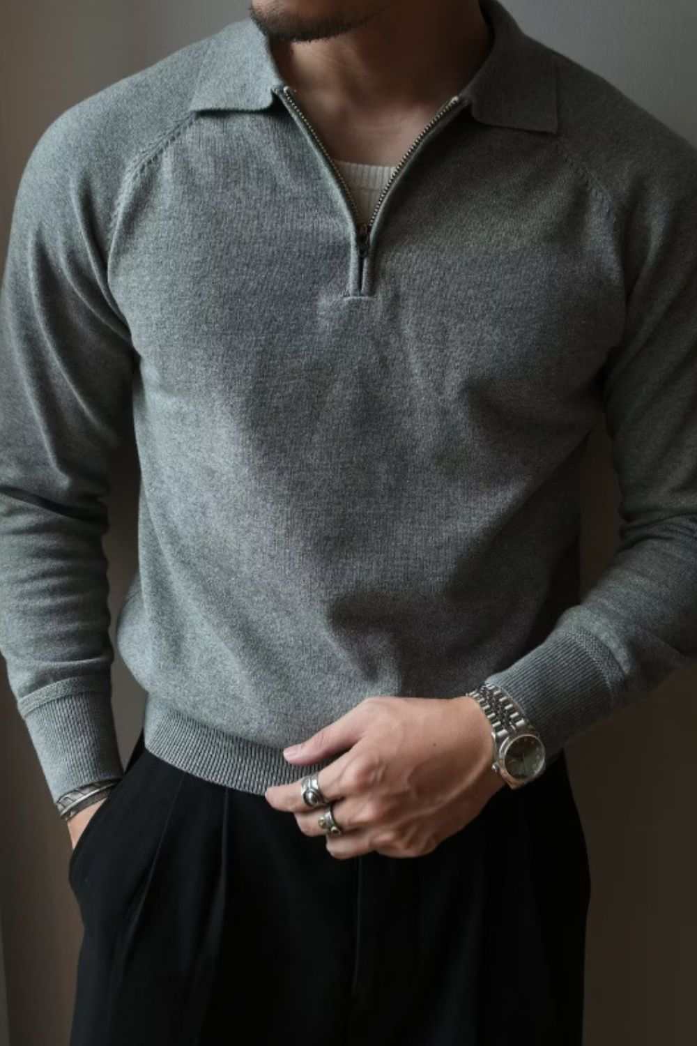 Men's Plus Size Quarter Zip Raglan Sleeve Polo in gray, featuring a moderate stretch and basic style design.