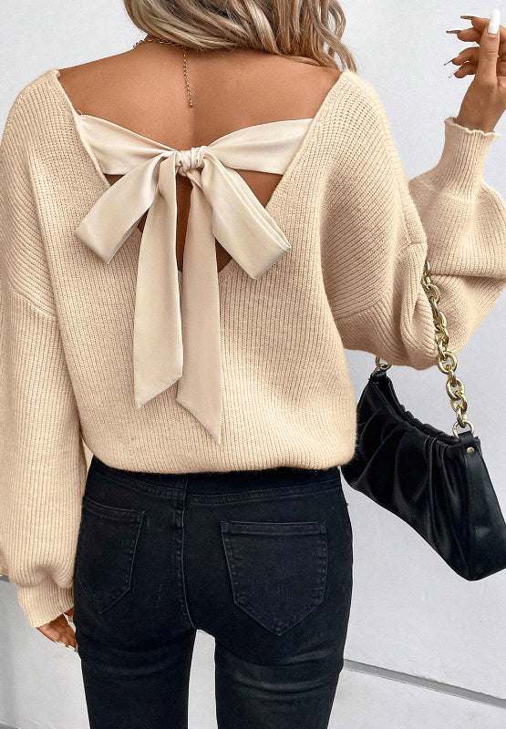 Tied Back V-Neck Long Sleeve Sweater with Bow Detail