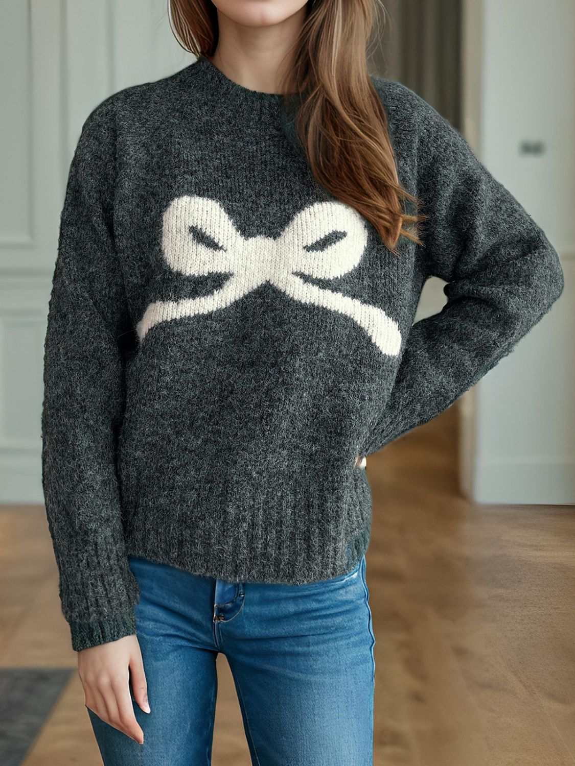 Bow Round Neck Long Sleeve Sweater in dark gray, featuring a bow design, slightly stretchy material.