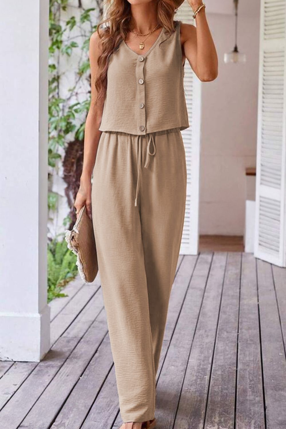 Button Down Vest and Drawstring Wide Leg Pants Set - Securing Secrets Boutique LLC