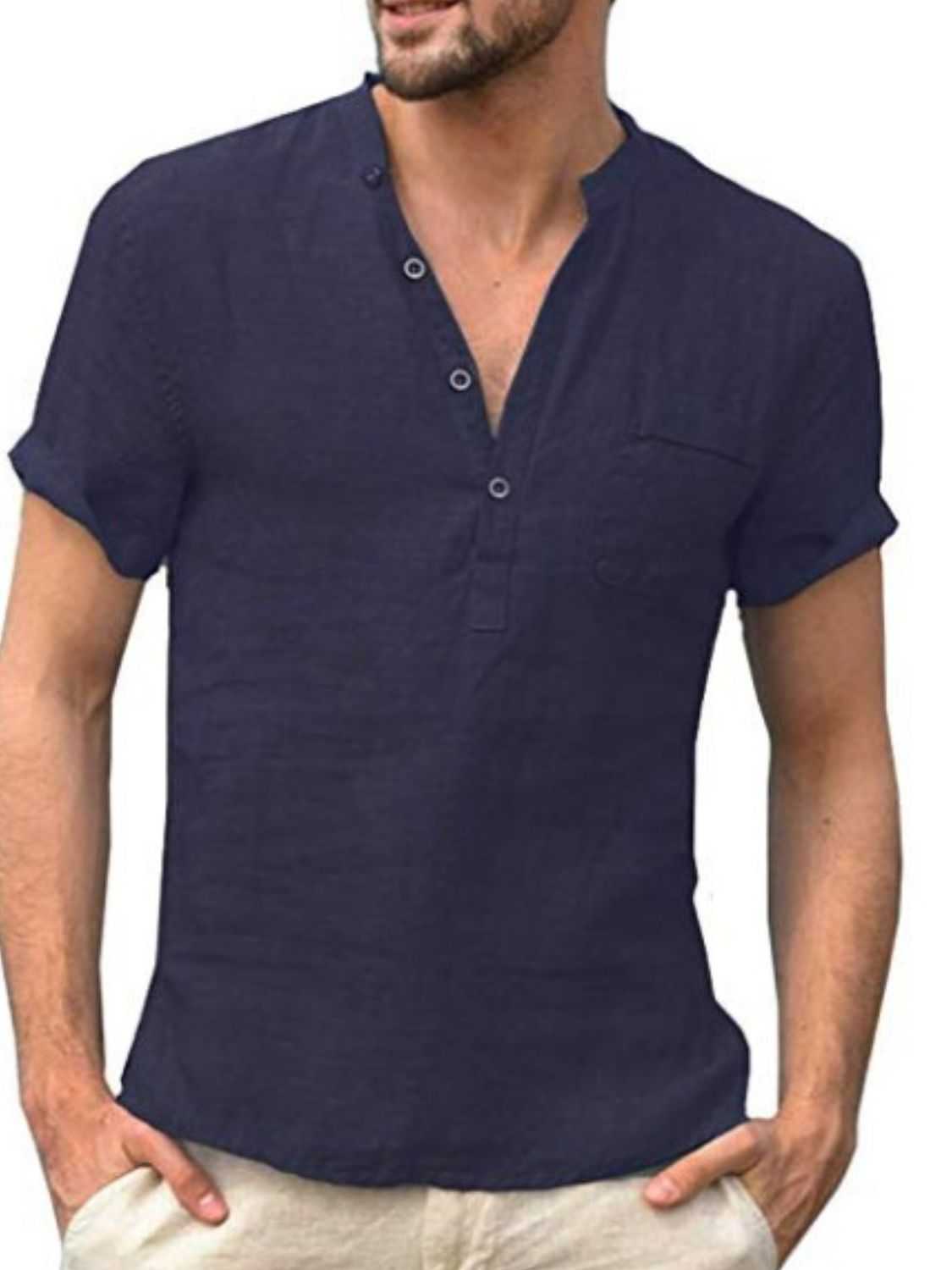 Men's full size half button short sleeve polo, navy blue, plus size, polyester and flax blend.