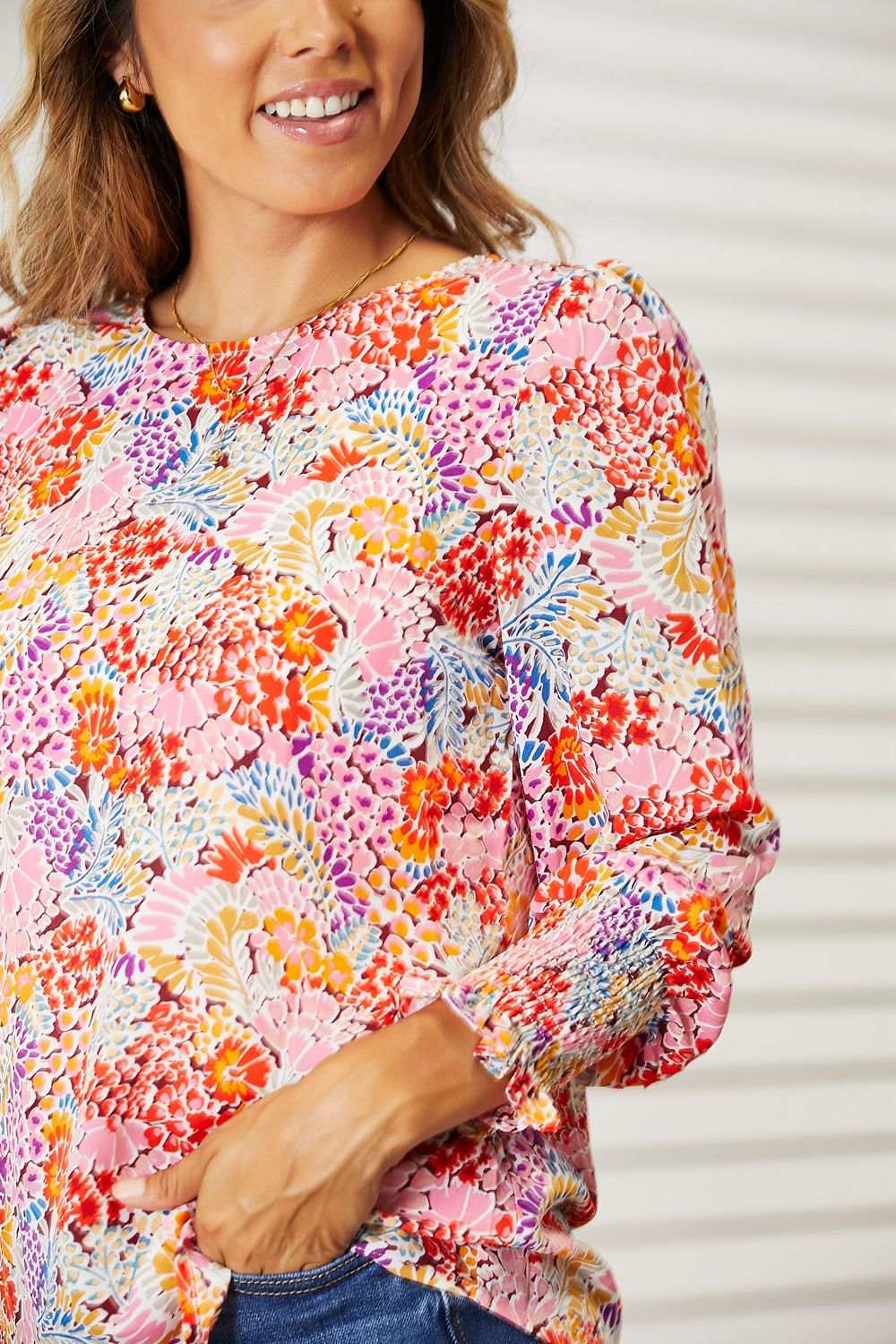 Floral Print Long Puff Sleeve Blouse with vibrant colors and elegant design.