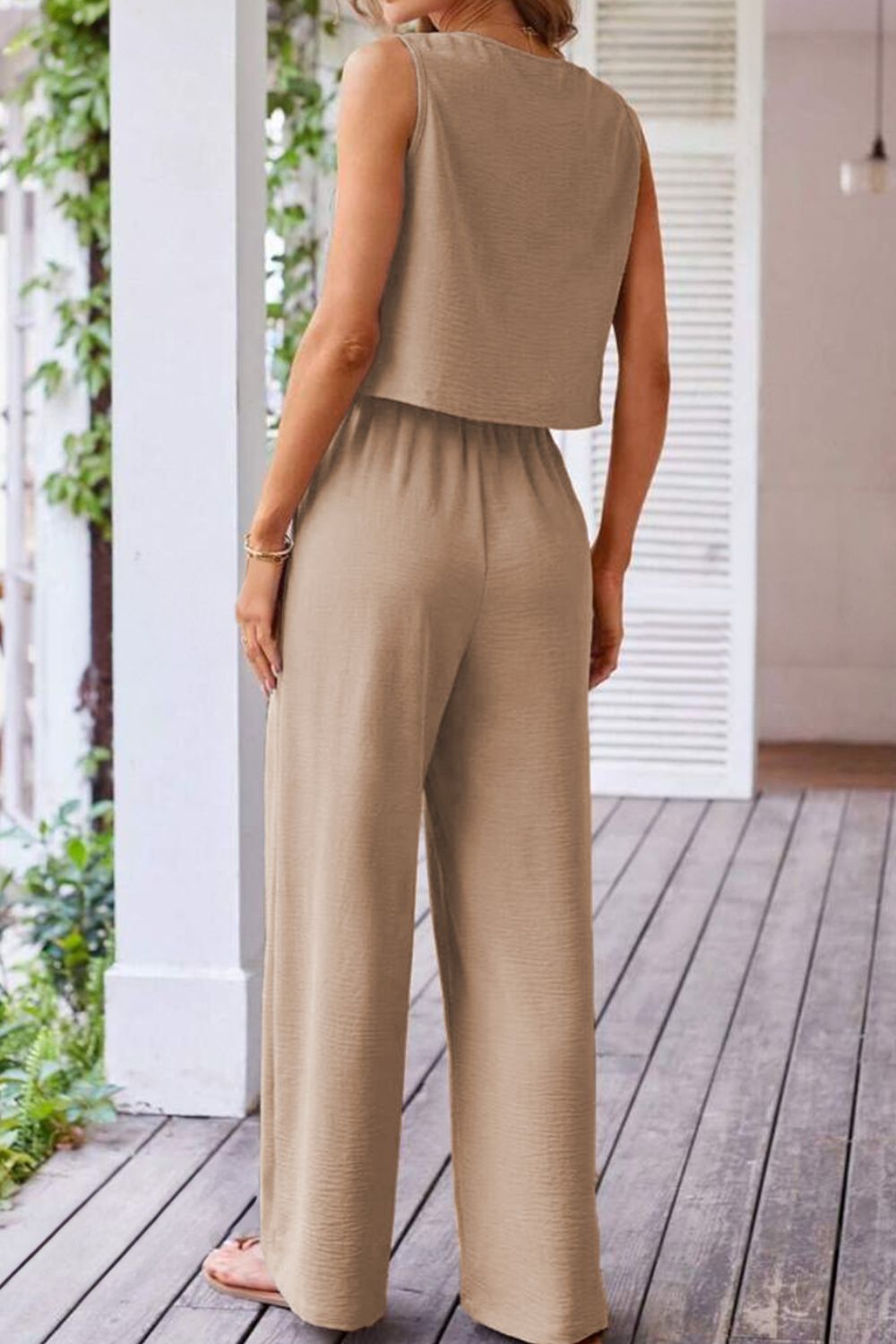 Button Down Vest and Drawstring Wide Leg Pants Set - Securing Secrets Boutique LLC