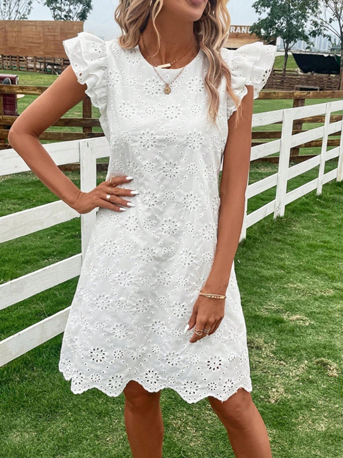 Eyelet Round Neck Ruffled Cap Sleeve Dress - Securing Secrets Boutique LLC