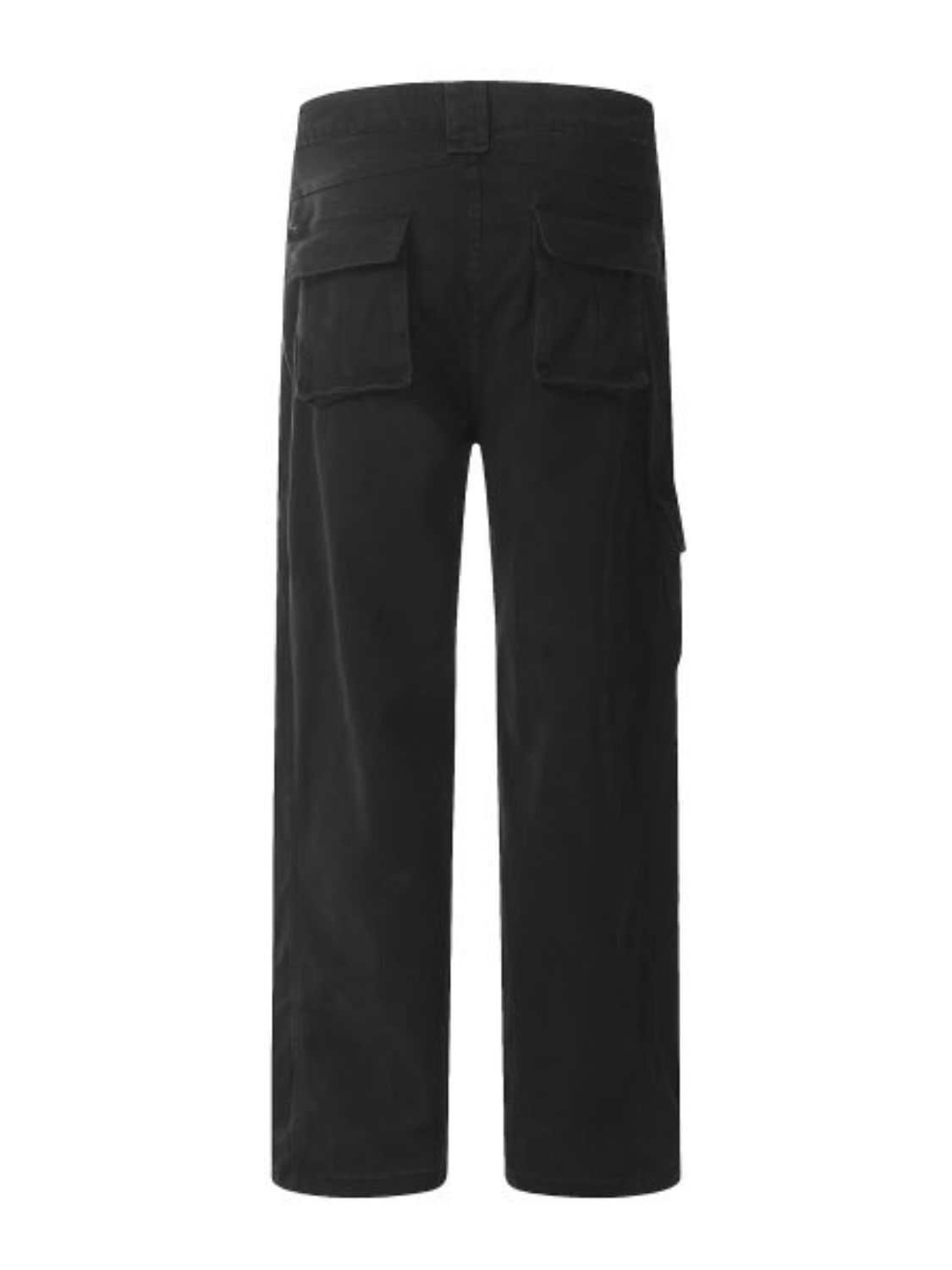 Men's straight leg cargo pants in black with back pockets.