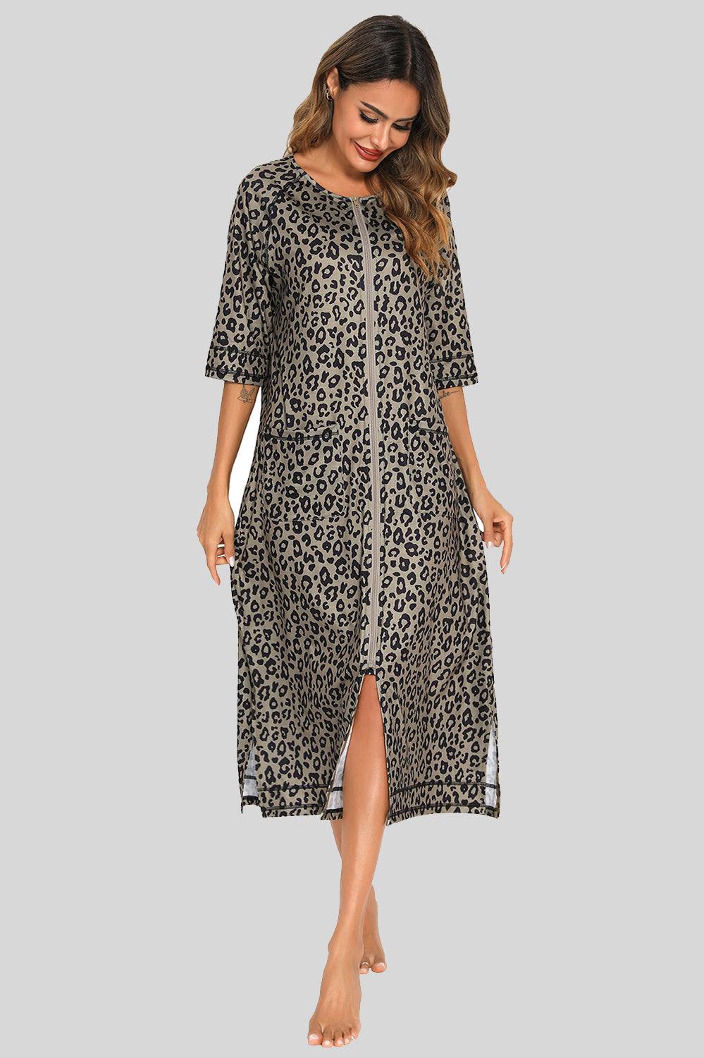 Leopard print slit night dress with pockets.