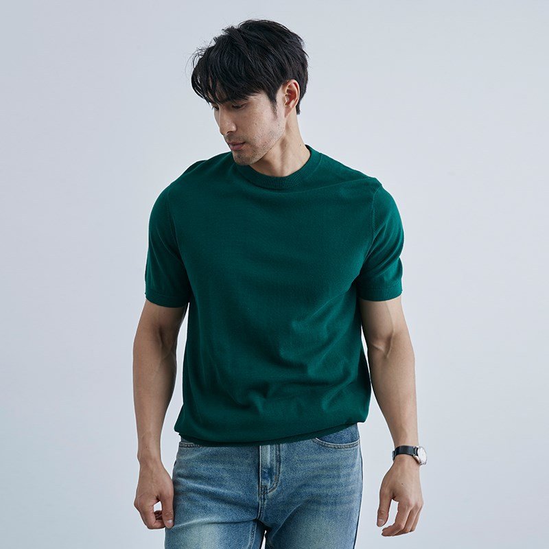 Summer New Solid Color Short Sleeve Knitted Men's Ice Silk Casual